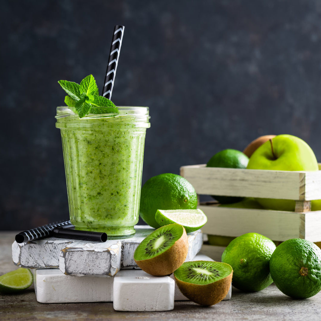 Smoothie With Fresh Green Apple, Kiwi And Lime. Summer Vitamin Refreshing Beverage. Healthy Detox Diet oilive trees olive oil norsan omega-3